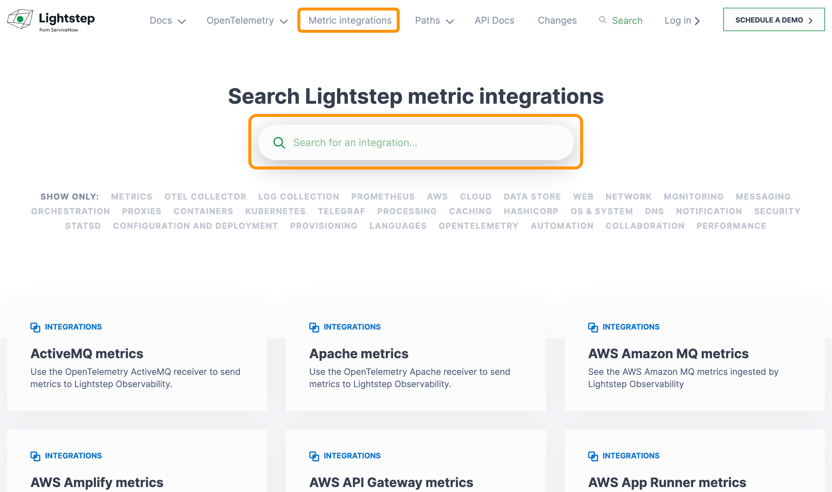 Metrics integegrations search page