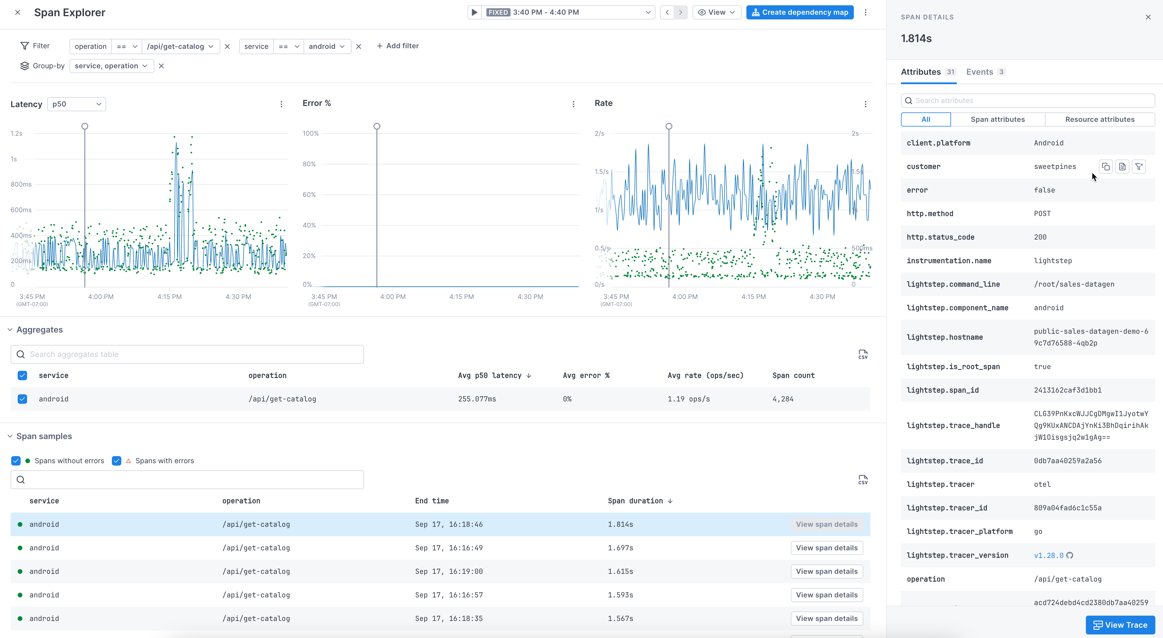 Side panel shows attributes for the span in Span Explorer