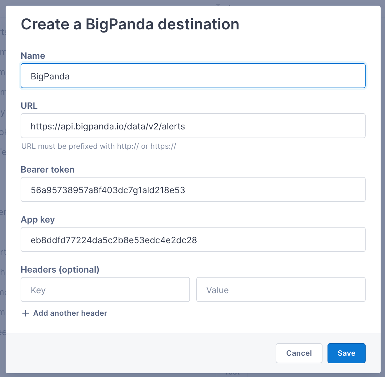 BigPanda configuration sets the URL to https://api.bigpanda.io/data/v2/alerts.