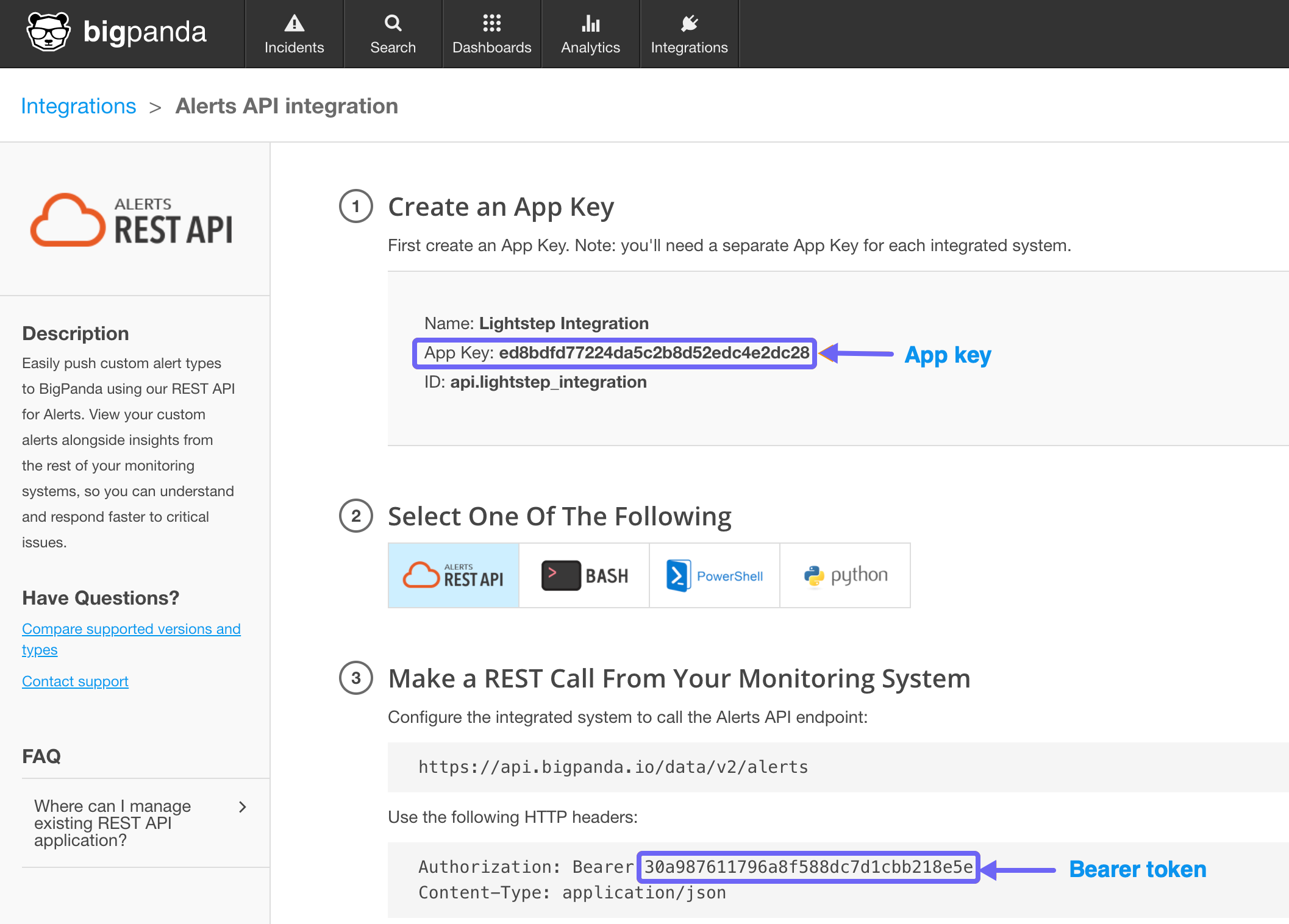 Arrows point to the App Key and Bearer token values in the BigPanda UI.
