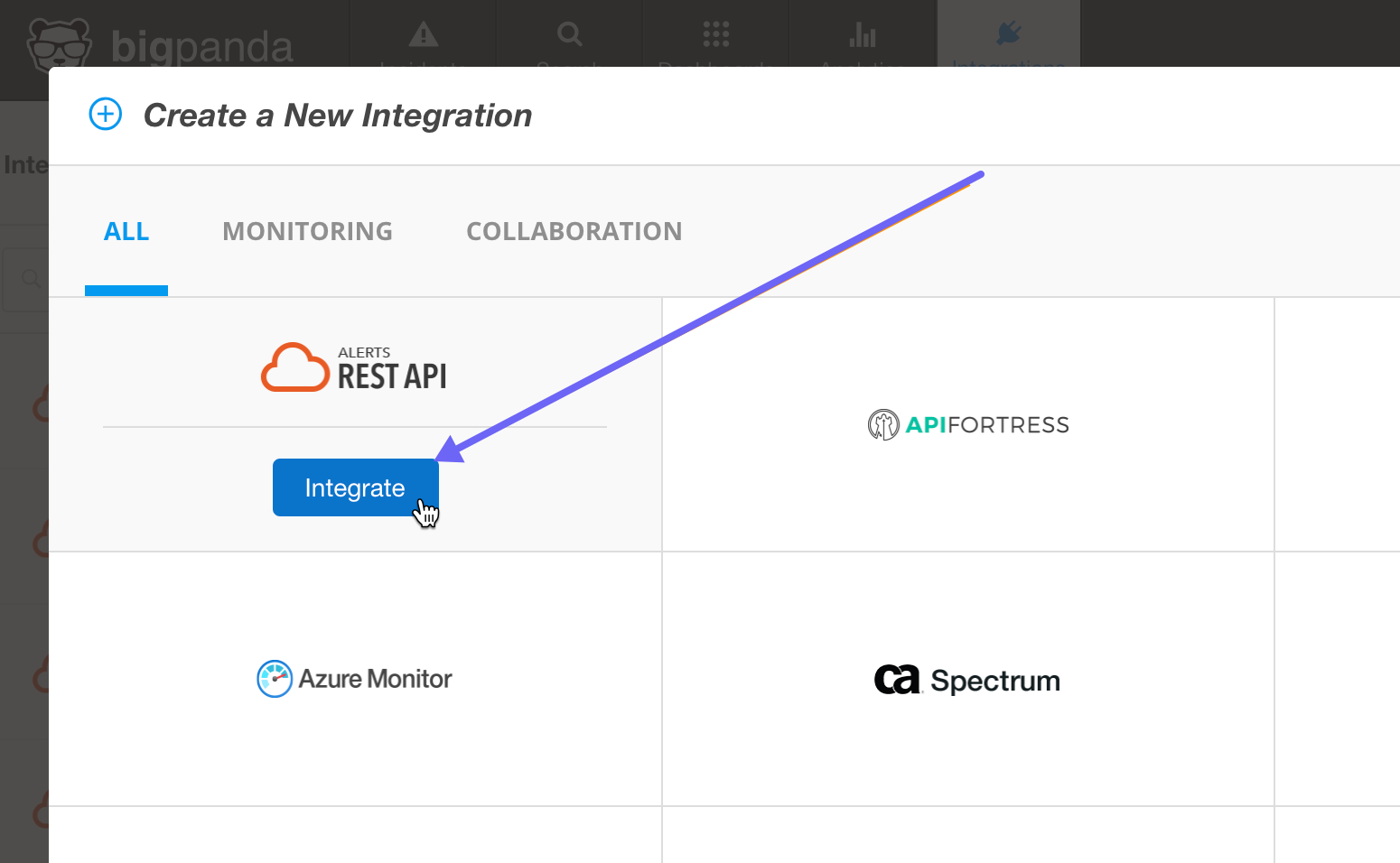 Arrow points to the Integrate button below the REST API integration.