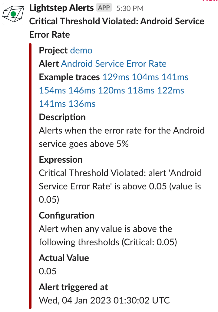 Slack shows a sample payload for a triggered alert.