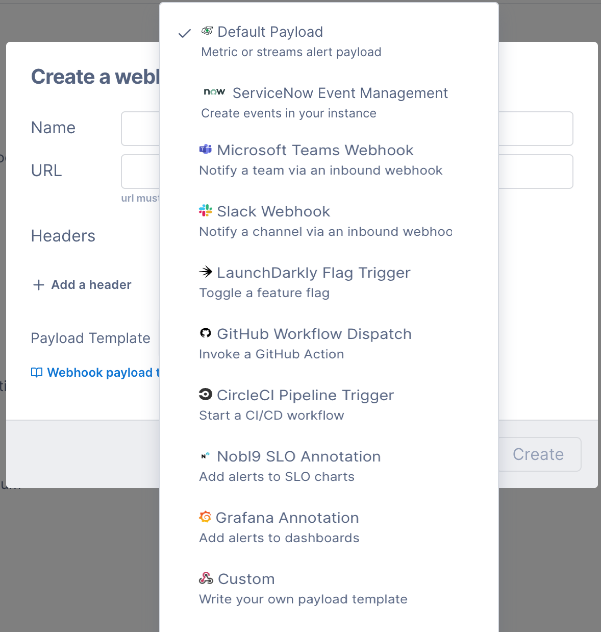 Some available templates include ServiceNow Event Management, Microsoft Teams Webhook, and Slack Webhook.