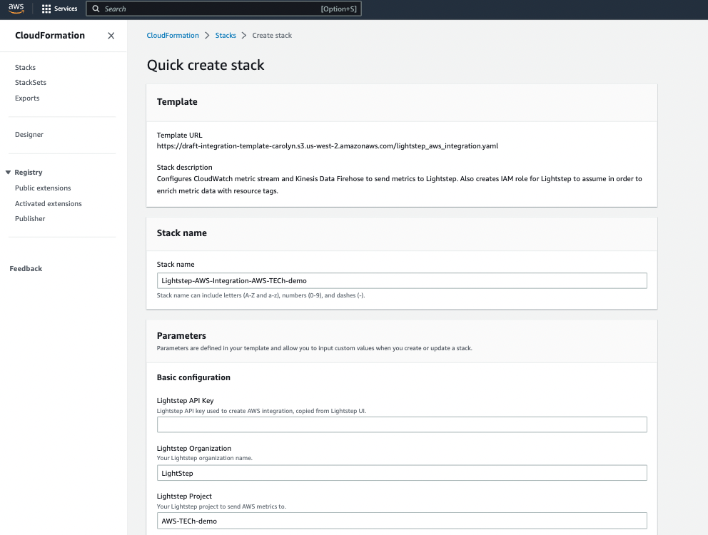 CloudFormation page has many sections, including template, stack name, and parameters.
