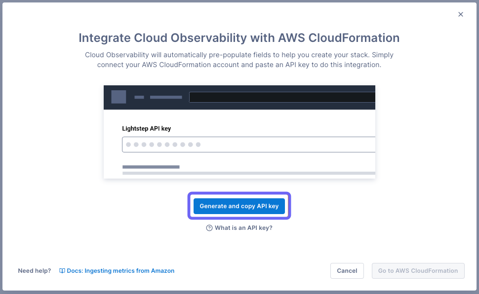 Box highlights Generate and copy API key button in Cloud Observability.