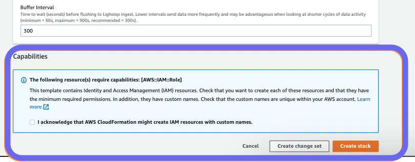 Box highlights the check box and Create stack button in AWS.