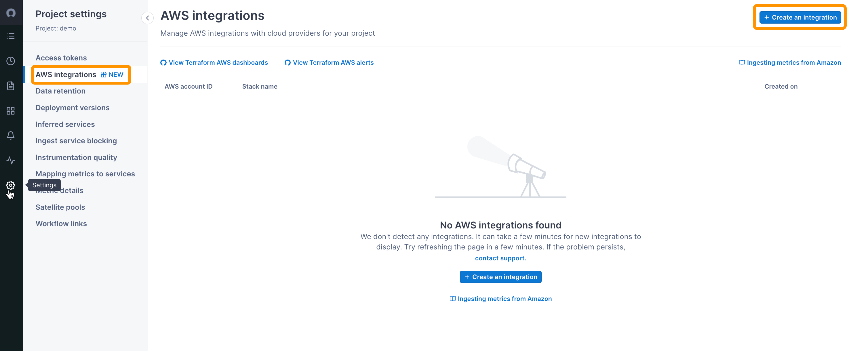 AWS integrations page