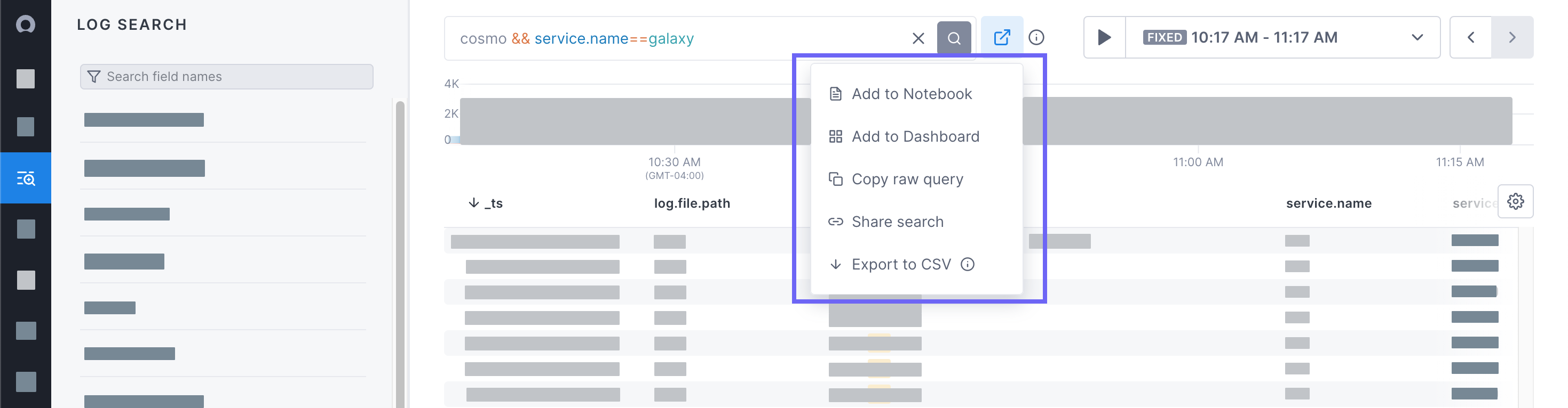 Export icon shows new options, including add to notebook, copy raw query, and share search.