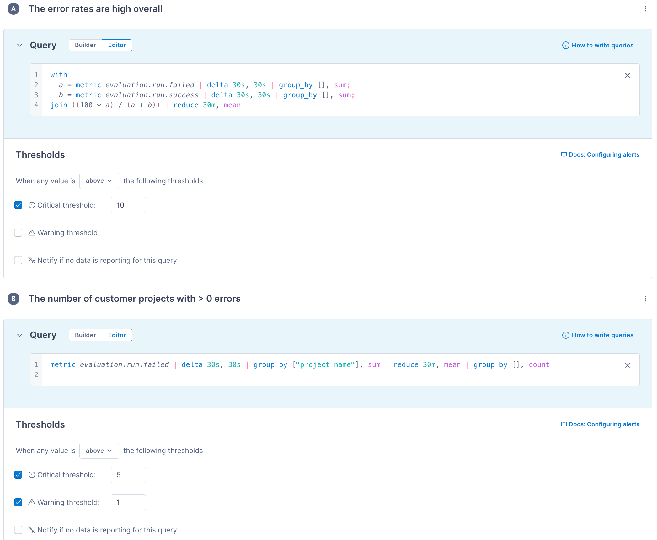 Query Editor shows the two sub alerts described above.