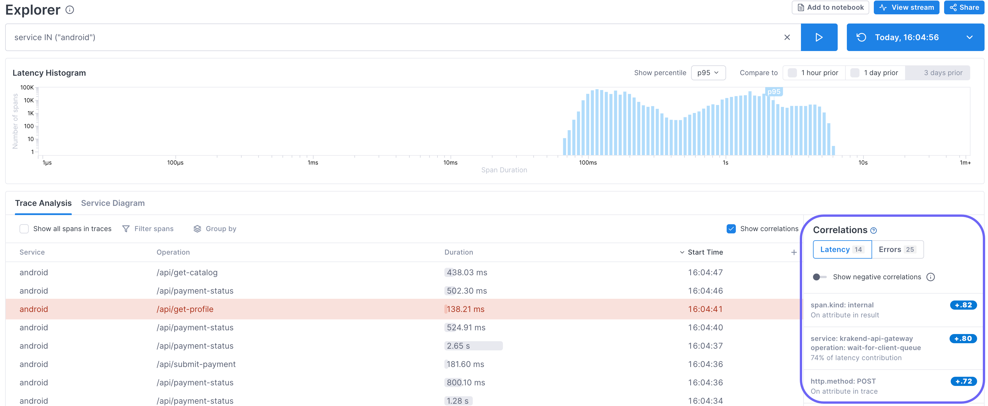 View latency correlation scores in the Explorer.