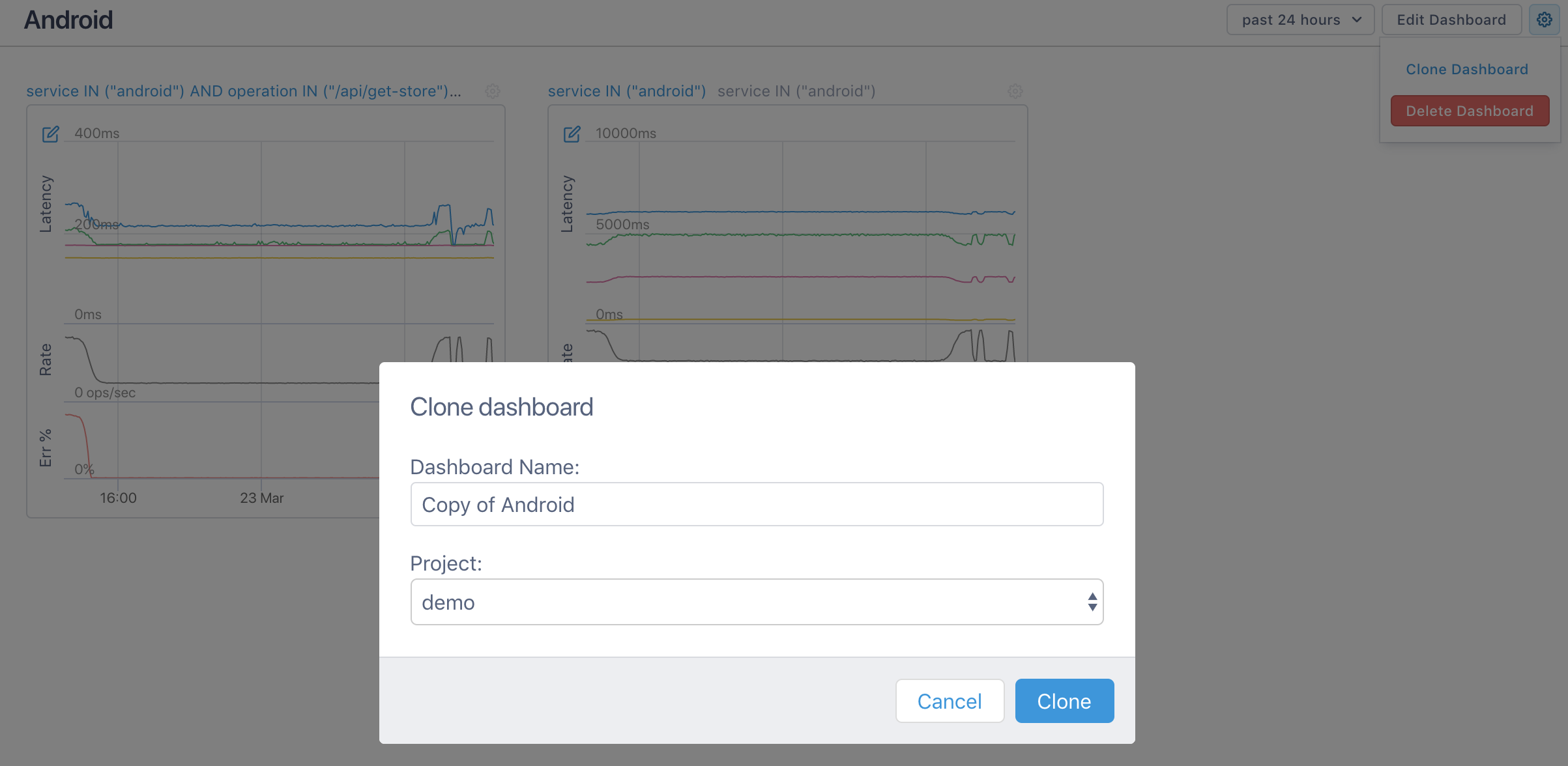 Dialog lets you submit a dashboard and project name.