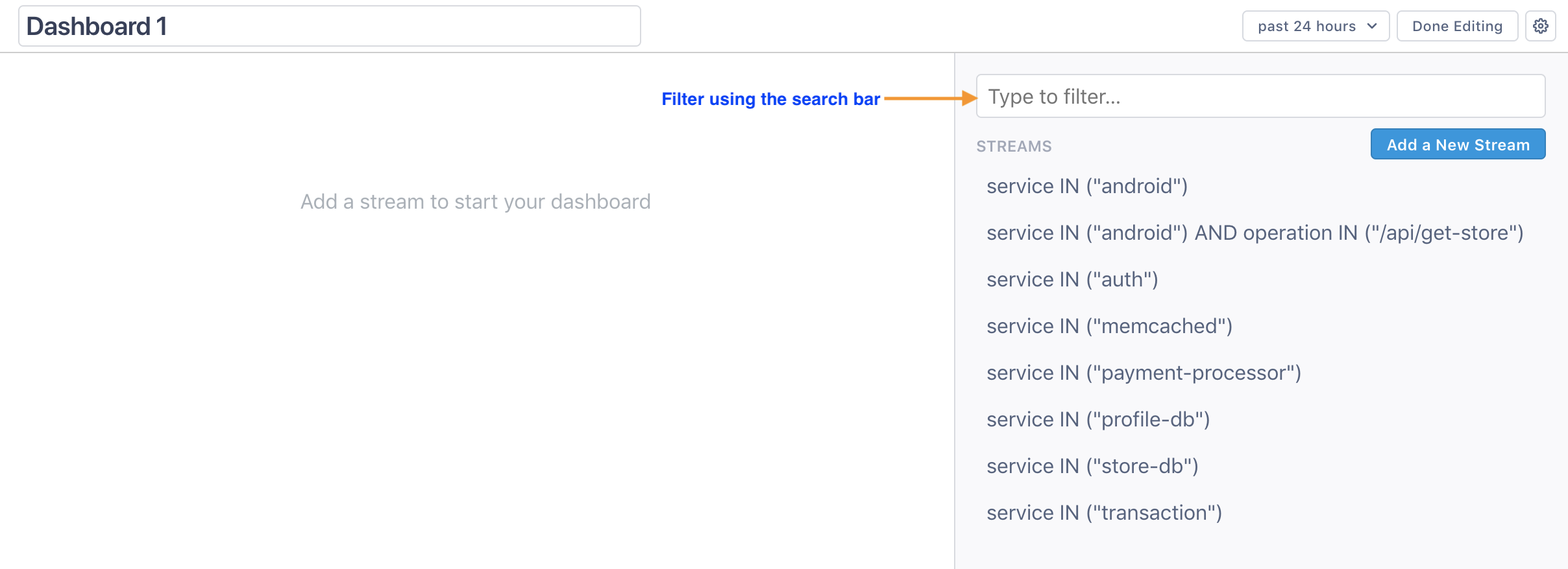 Arrow points to where to search for Streams.