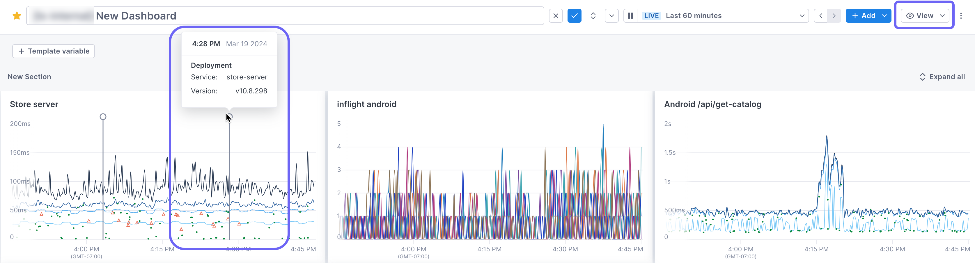 Box highlights a deployment marker in a chart. Another box highlights the View drop-down described below.