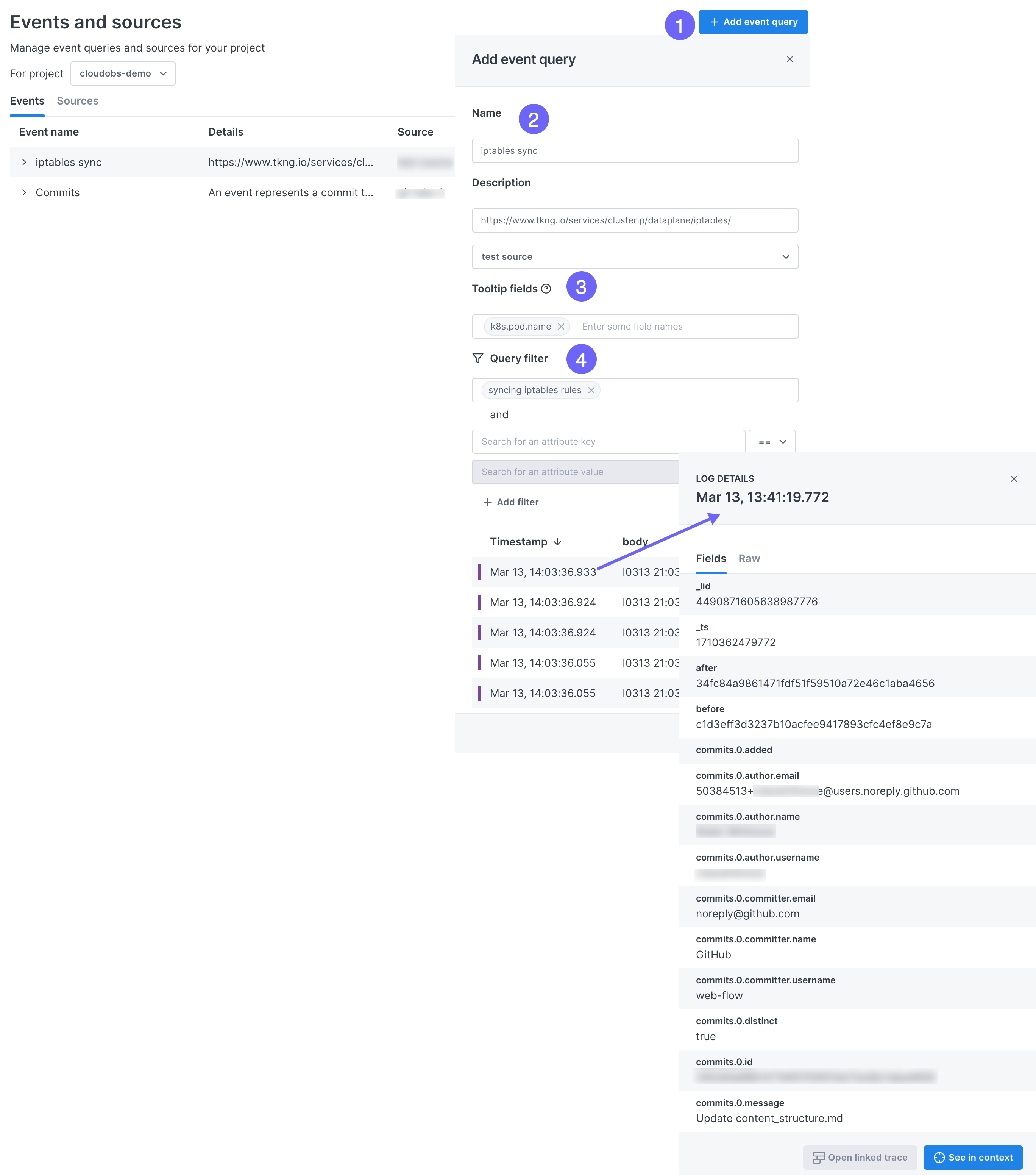 Annotations show the steps for adding event queries. The procedure is described below.