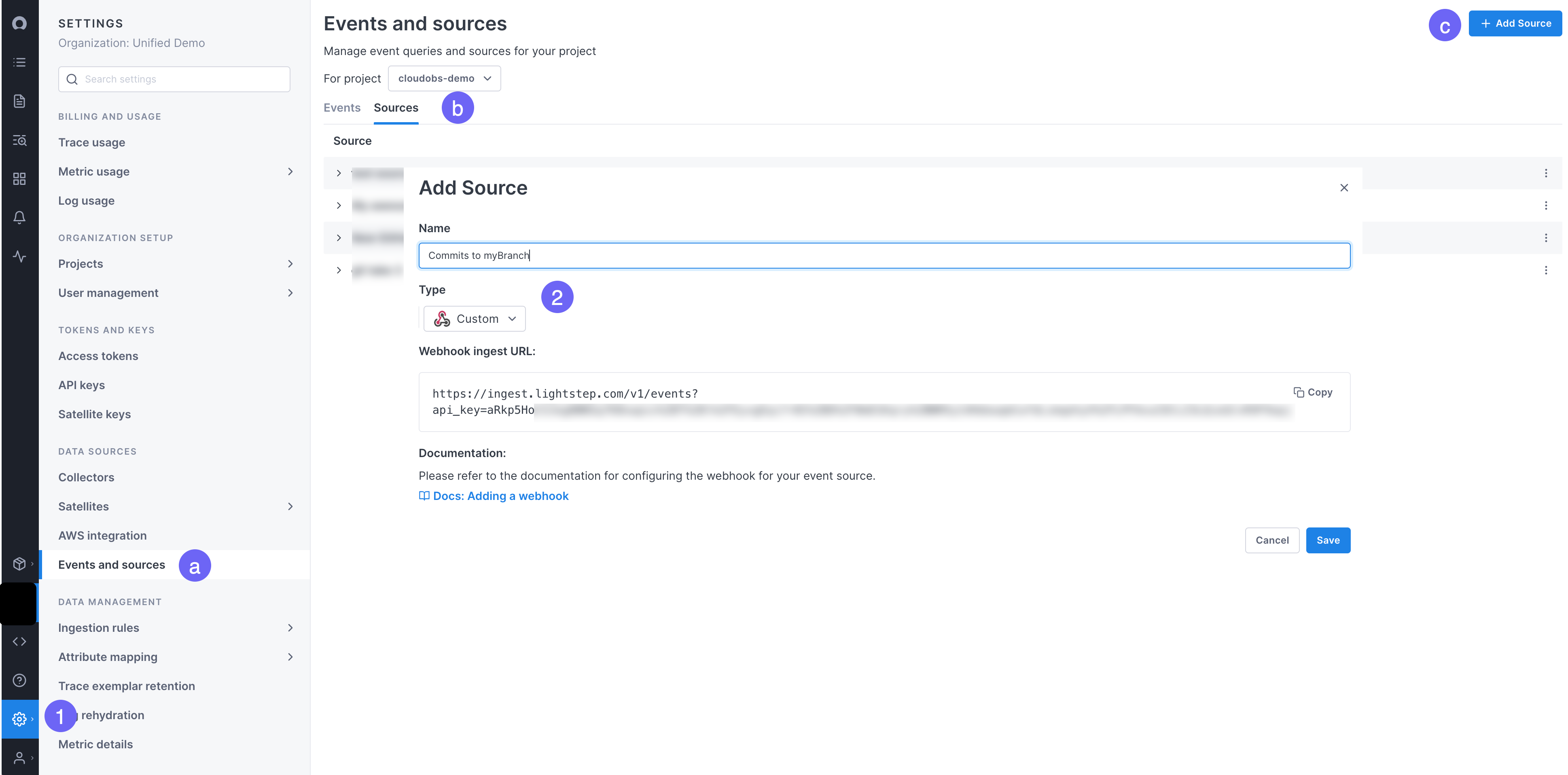 Annotations show the steps for adding event sources. The procedure is described below.