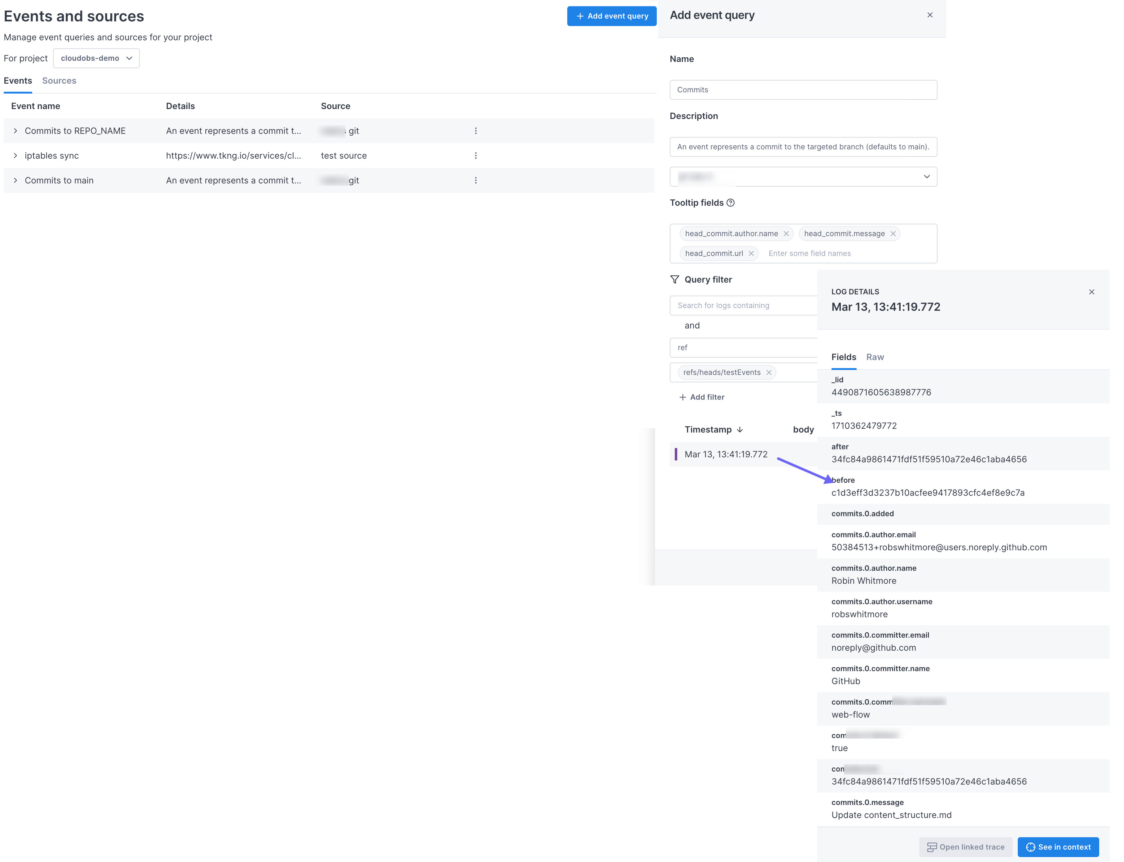 Sample event query for commits to a GitHub repository.