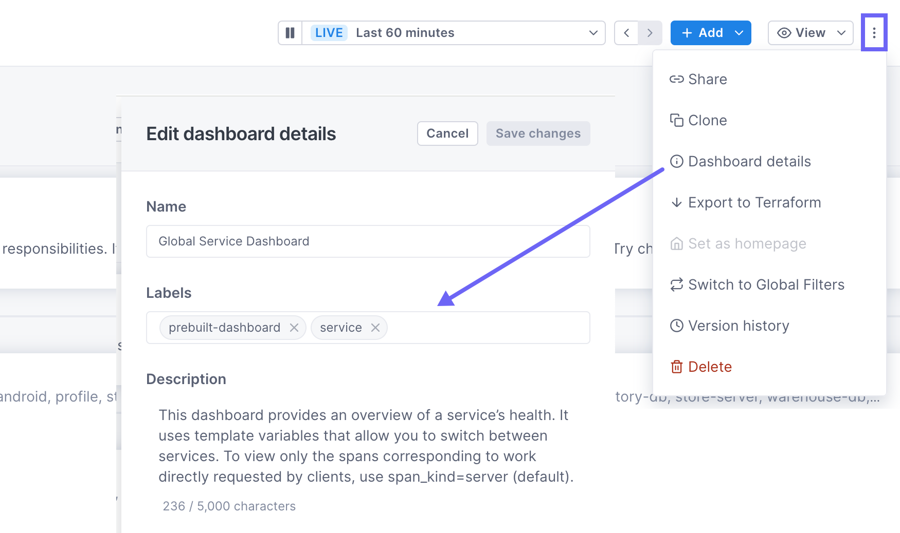 Arrow points to the Labels input in the Edit dashboard details panel.