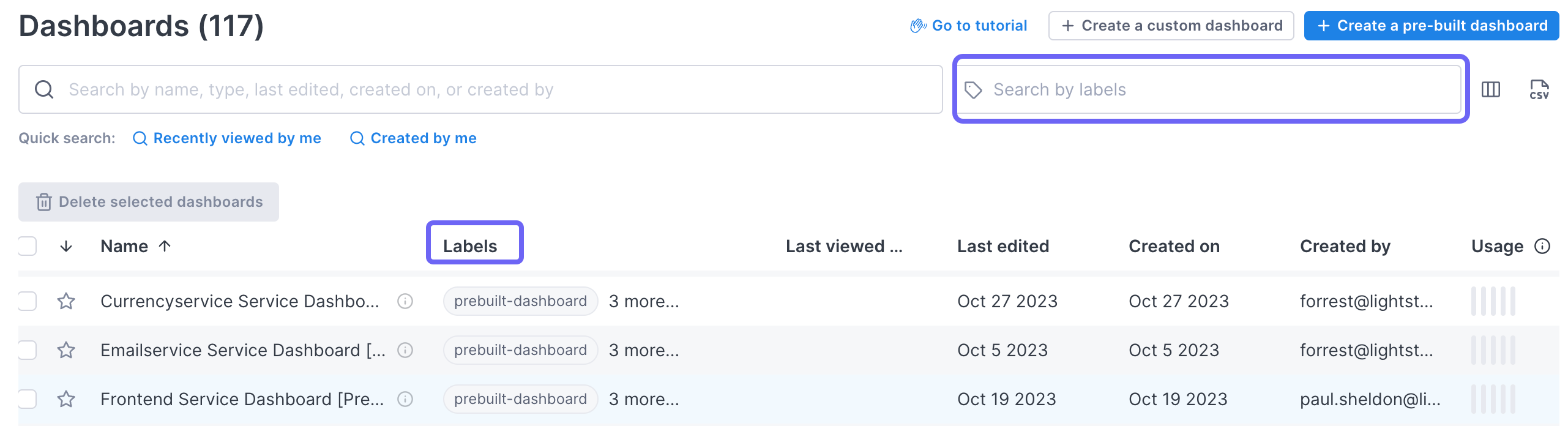 Boxes highlight the Labels column and the search box in the dashboard list.