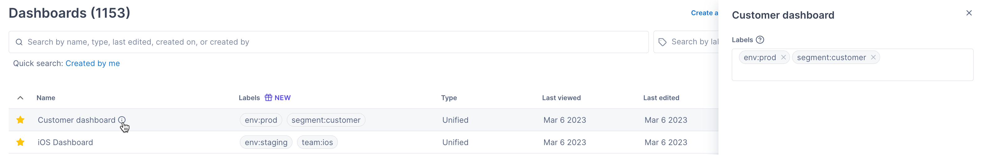 Sidebar displays the name of the dashboard and a configurable list of labels.