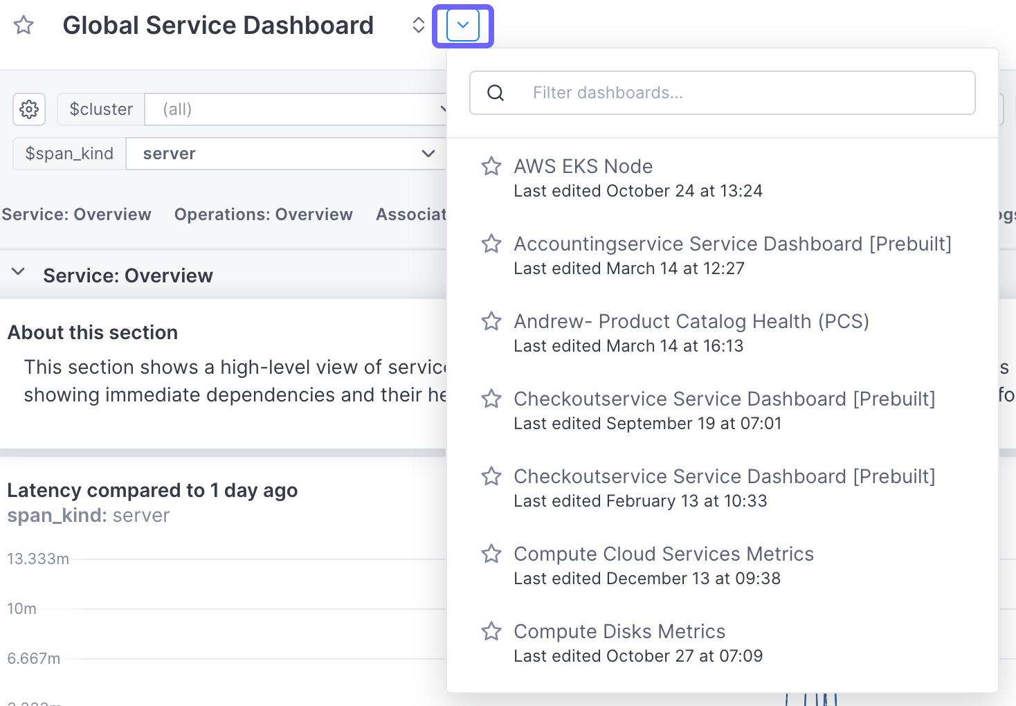 Dropdown lists other dashboards and has a search box for filtering dashboards.