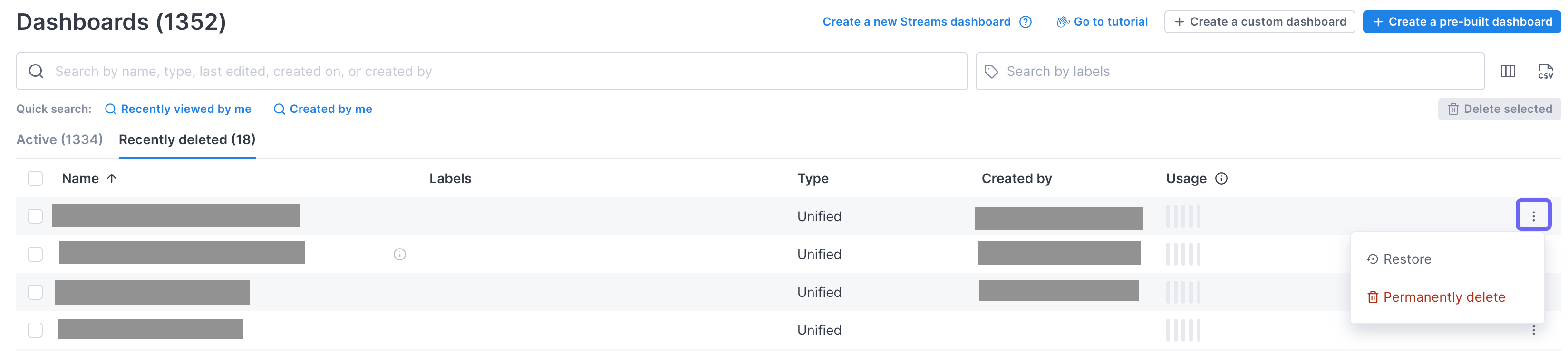 More icon shows options for restoring or permanently deleting dashboards.