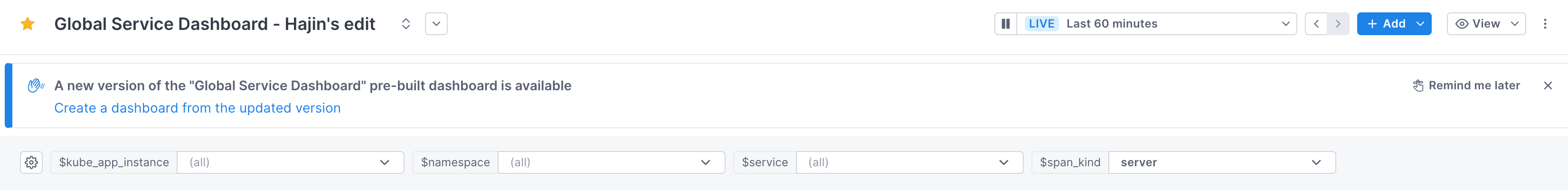 Banner announces a new dashboard version and provides a link. The steps below show how to use the link to update dashboards.