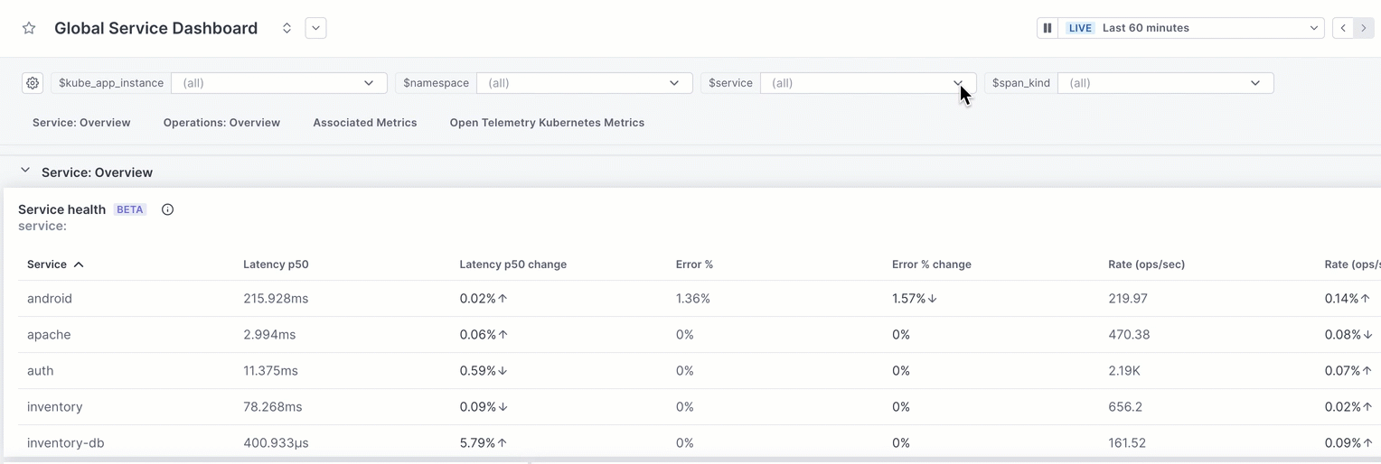 $span_kind dropdown displays **client** and **internal** as related values.