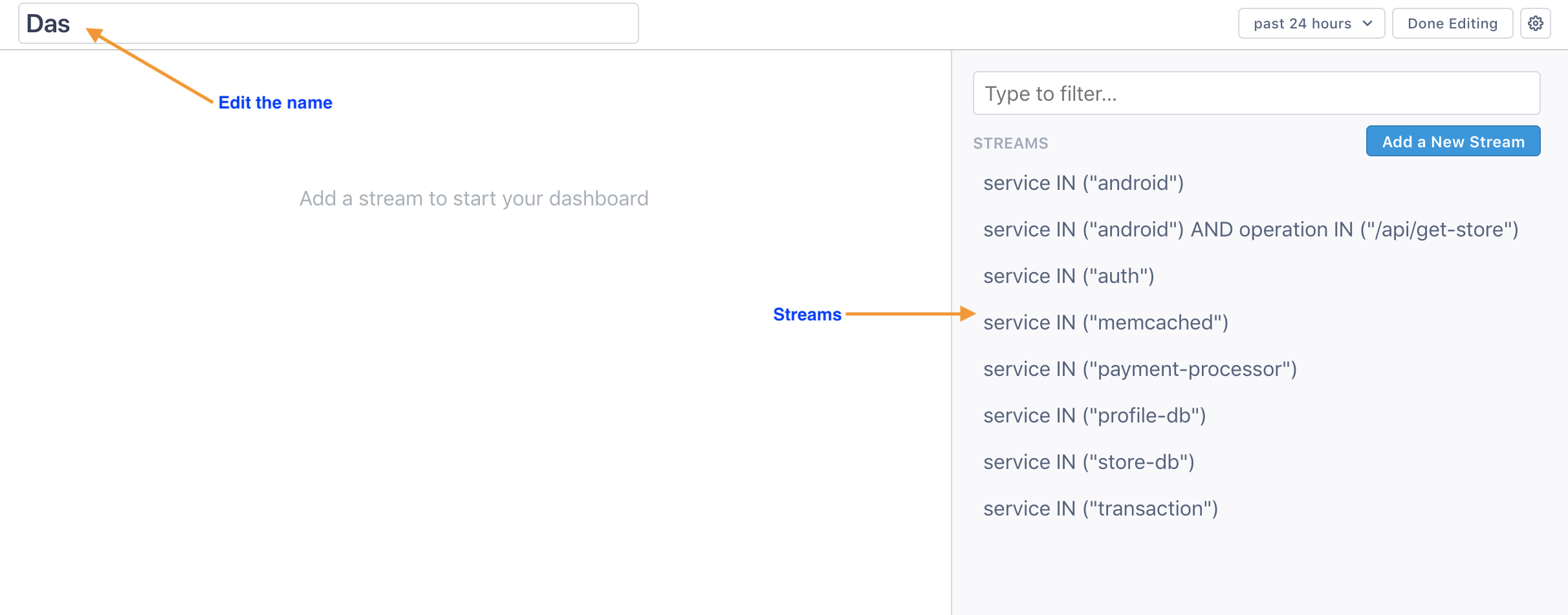 Arrows point to where to edit the dashboard name and see available Streams.
