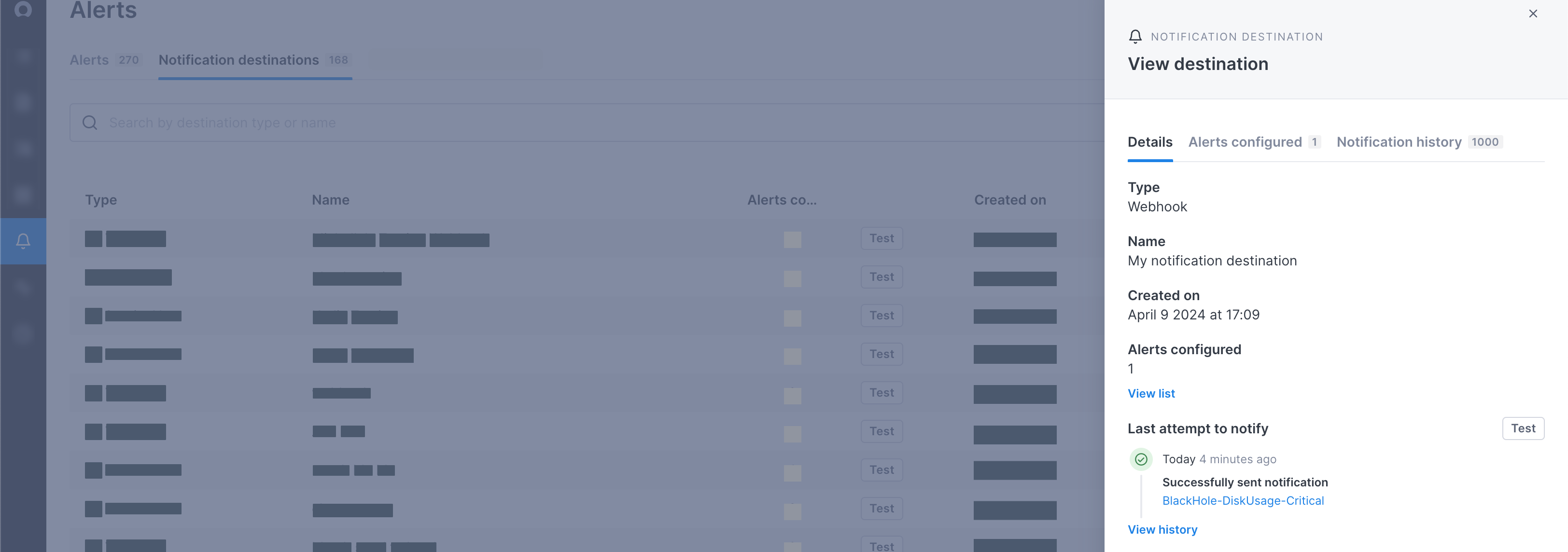 Panel shows destination details including when it was created, the alerts using it, and its history.