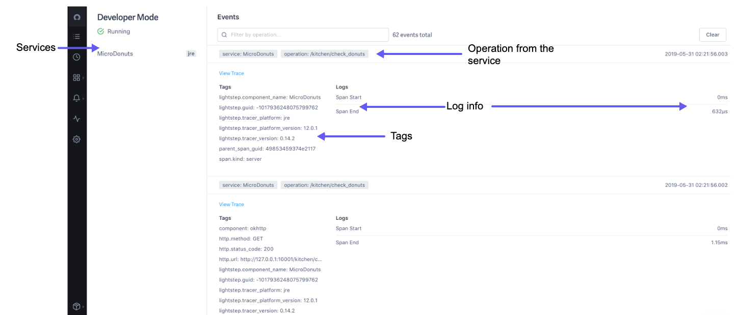 Developer Mode shows tags and log information for the spans reported by the MicroDonuts service.