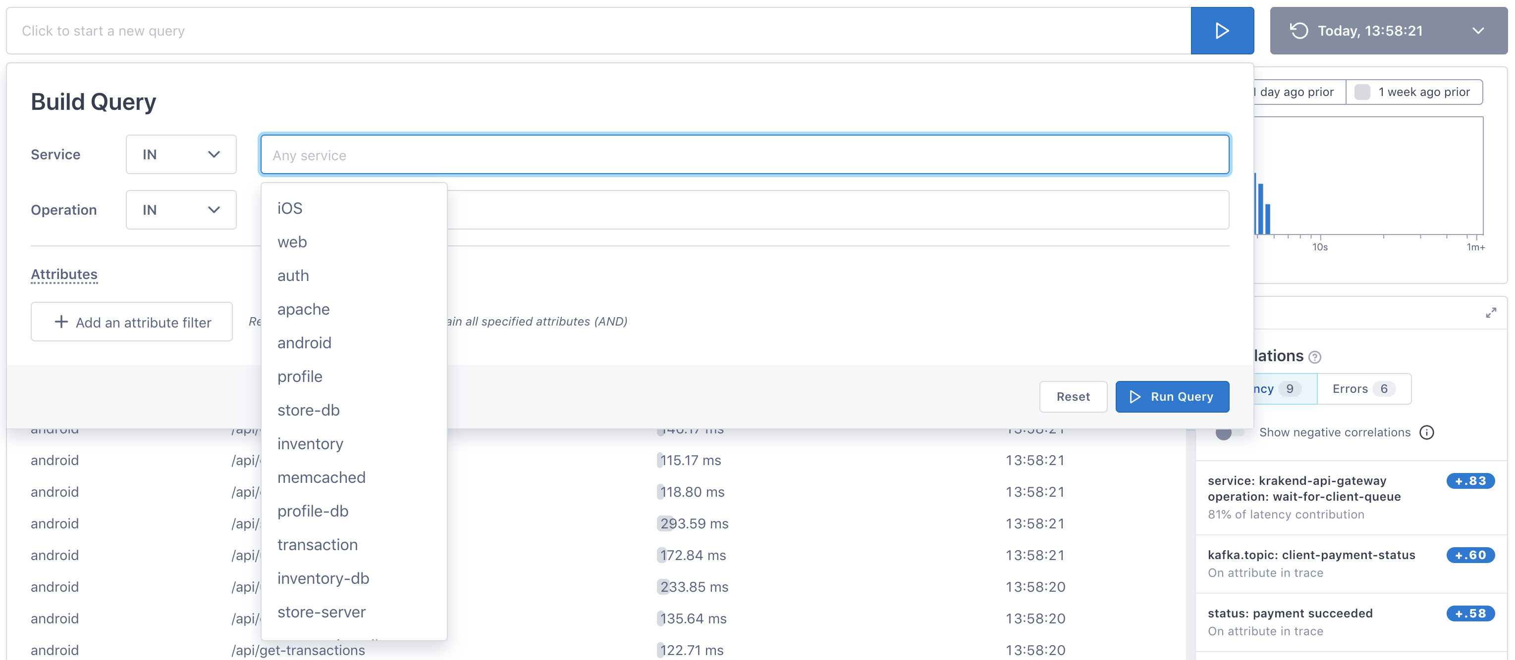 Query Builder drop-down displays several services to choose from.