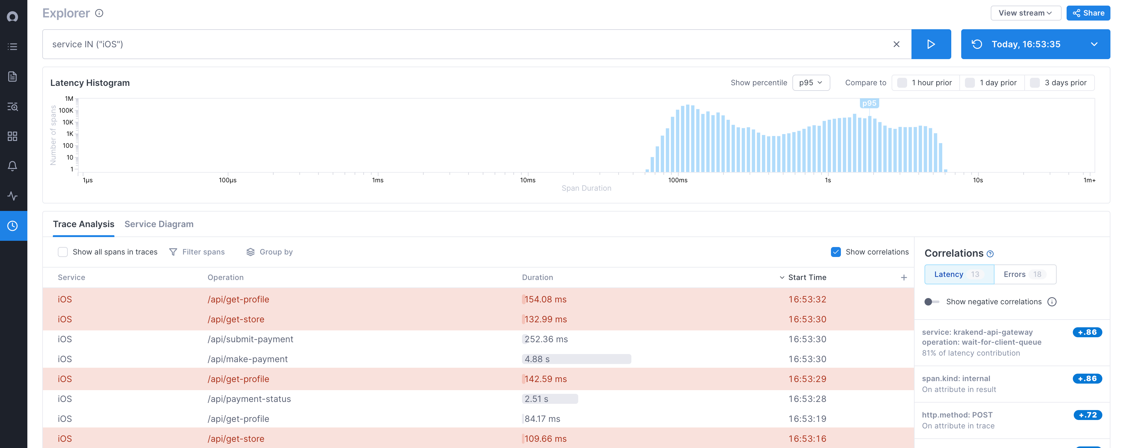 Explorer view displays sample data for the iOS service, including a latency histogram and several spans.