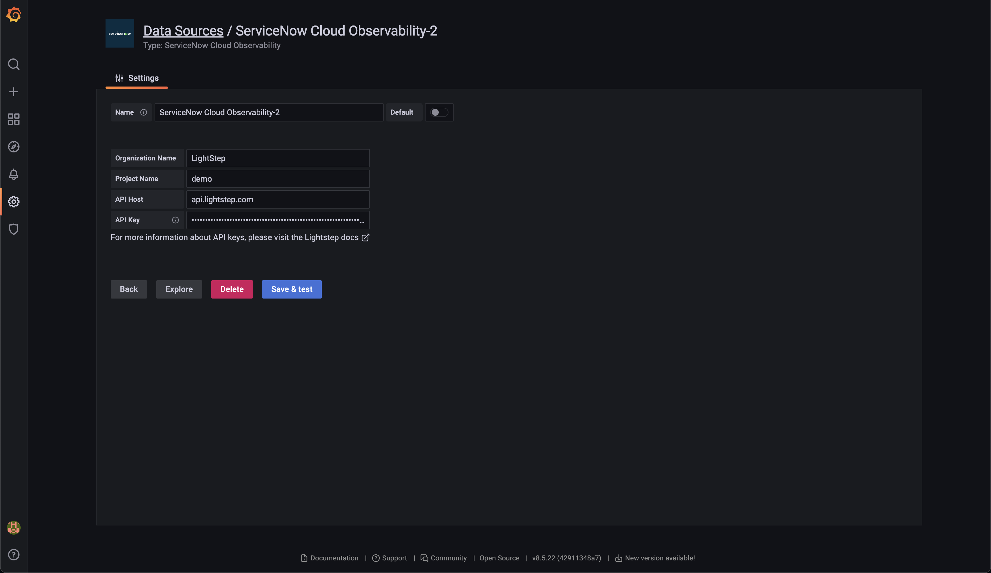 Configuration form filled out with a sample organization name, project name, and API key.