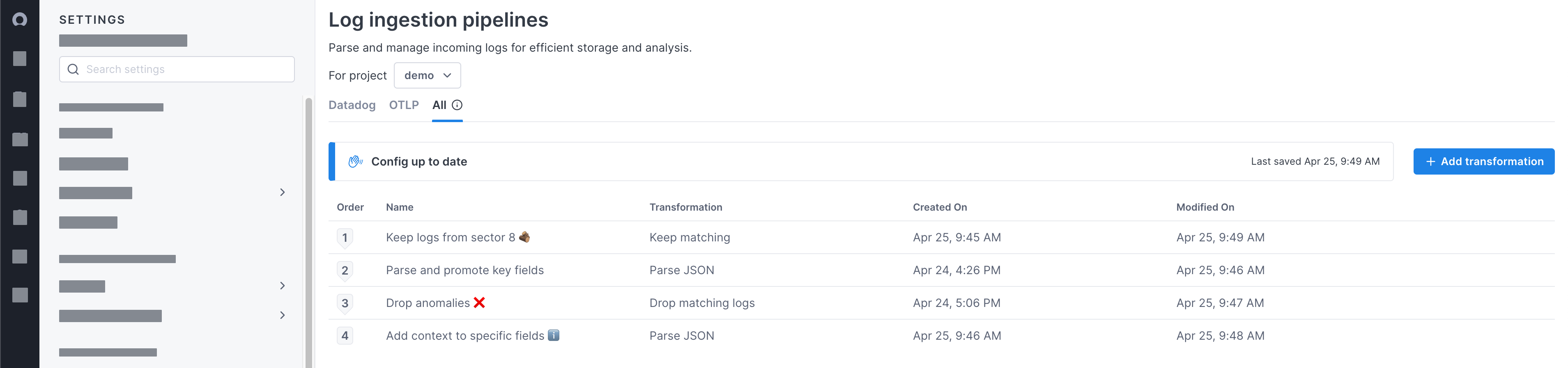 Log ingestion pipeline with four transformations.
