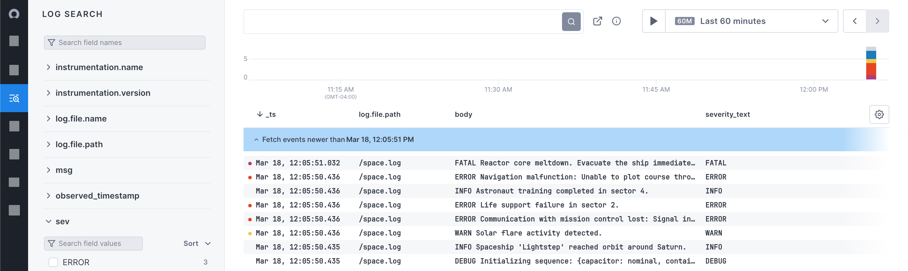 Demo logs appear in Cloud Observability. The sidebar lists the available attributes and a chart visualizes incoming logs. Raw logs appear in a table.