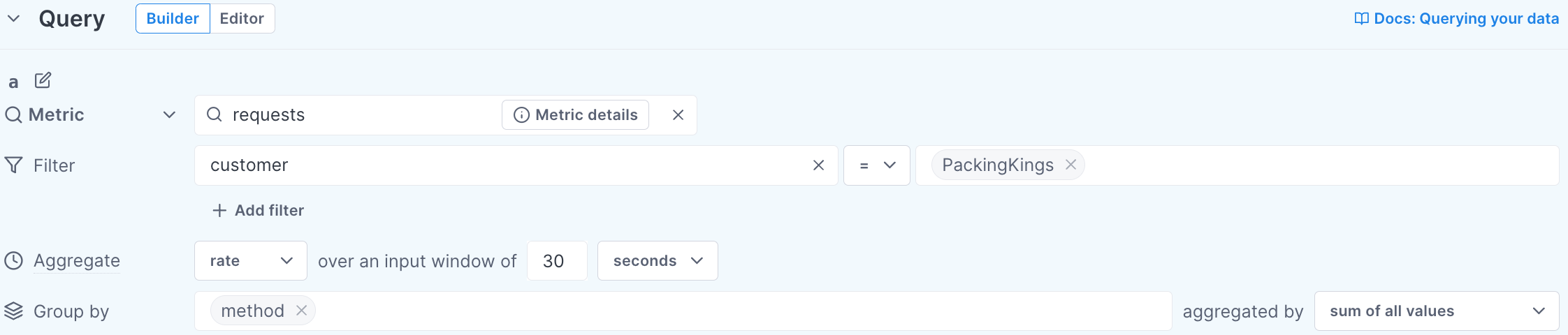 Use the Unified Query Builder to create alert queries with filters, aggregation windows, and group-by values.