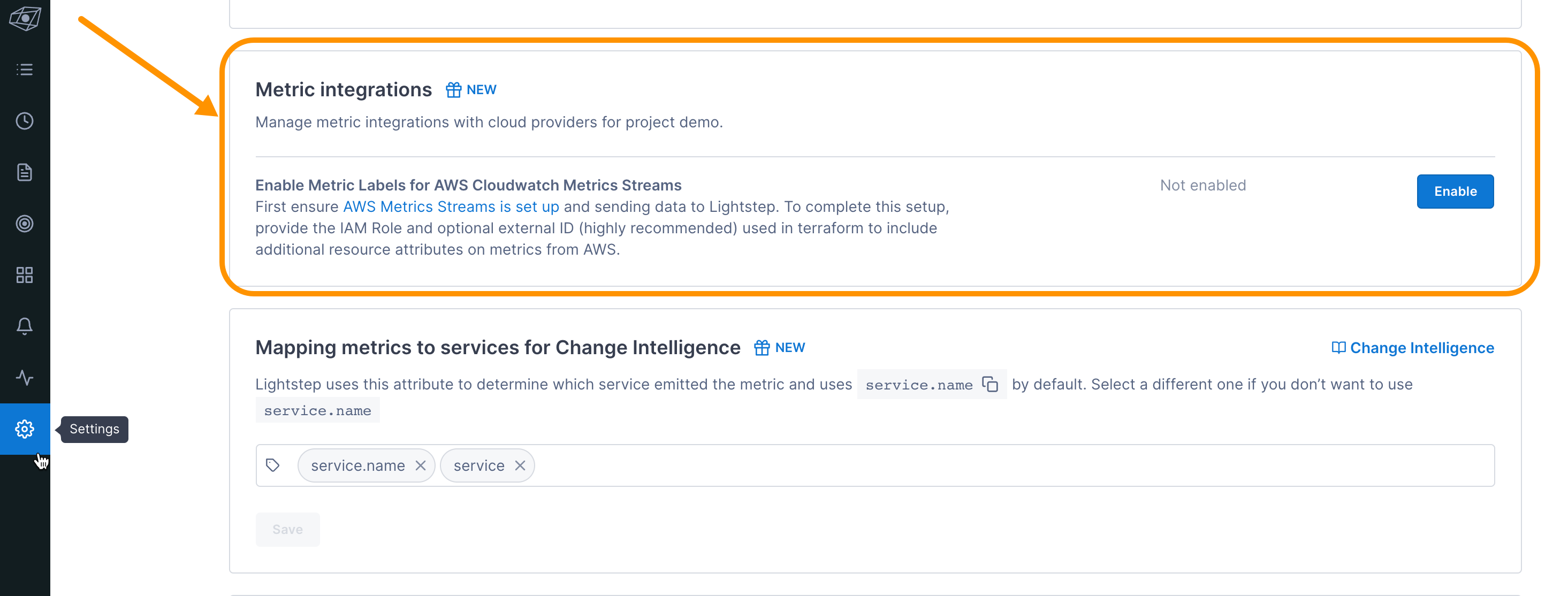 Metric integrations on the Project Settings page