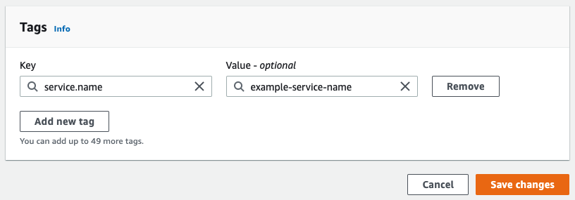 AWS tag management form sets service.name as the key.