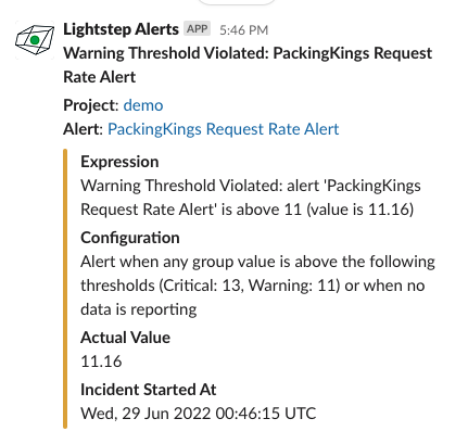 Slack preview includes details, such as the alert's configuration and when the incident started.