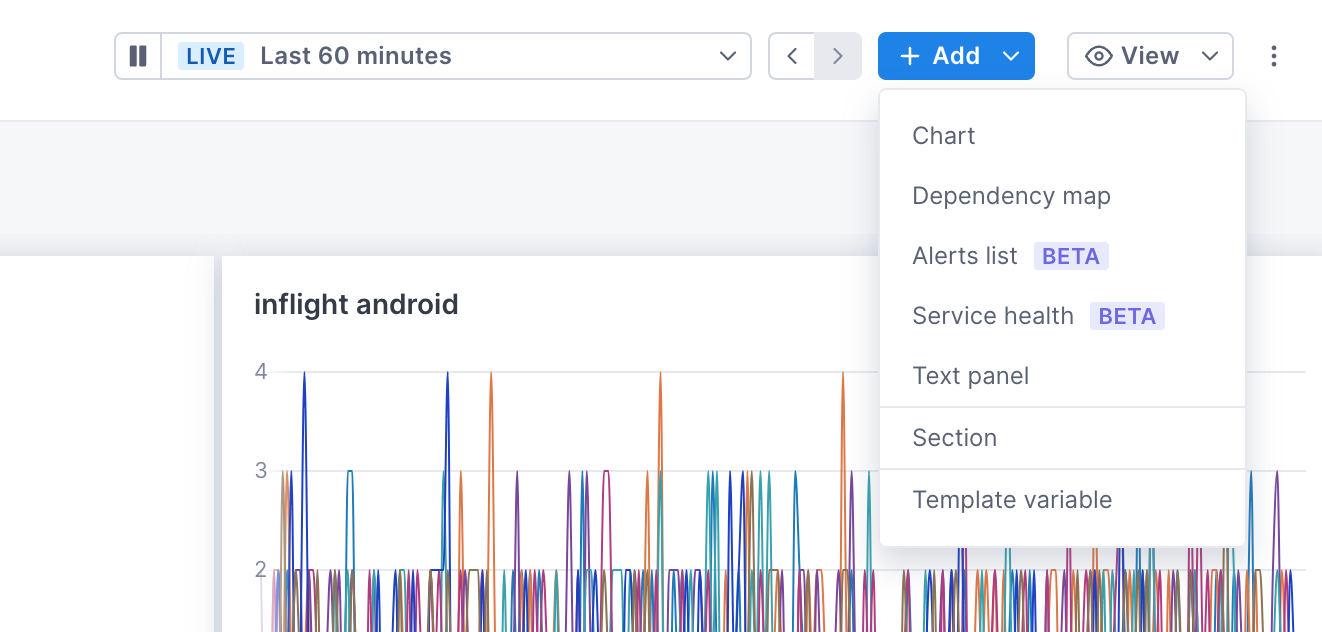 Add drop-down shows several panel types, including charts, dependency maps, and text panels.