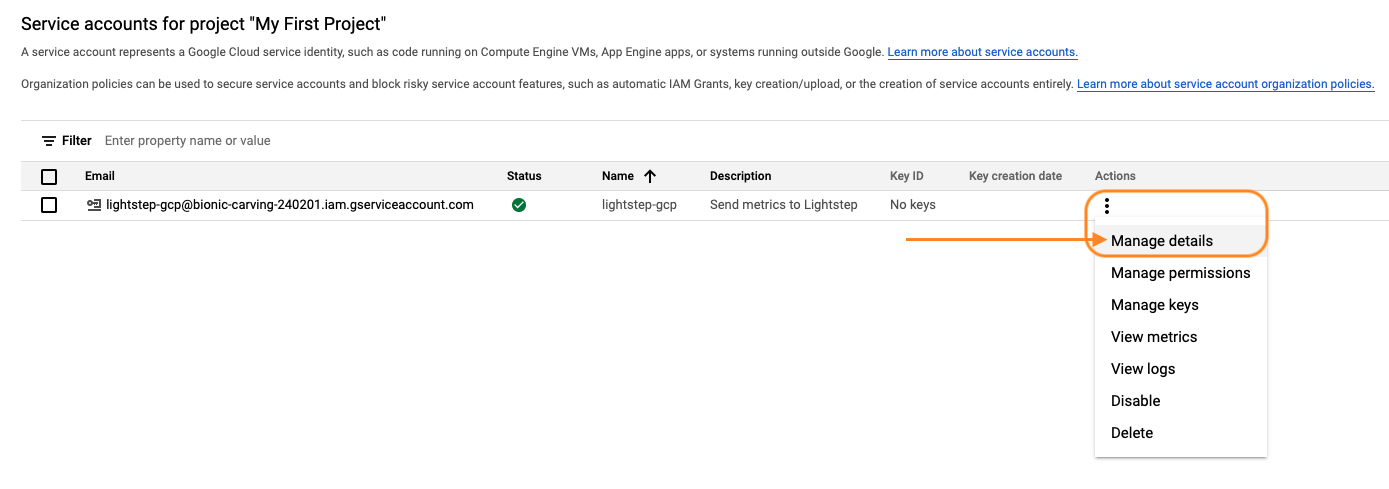 Box highlights the Manage details option.