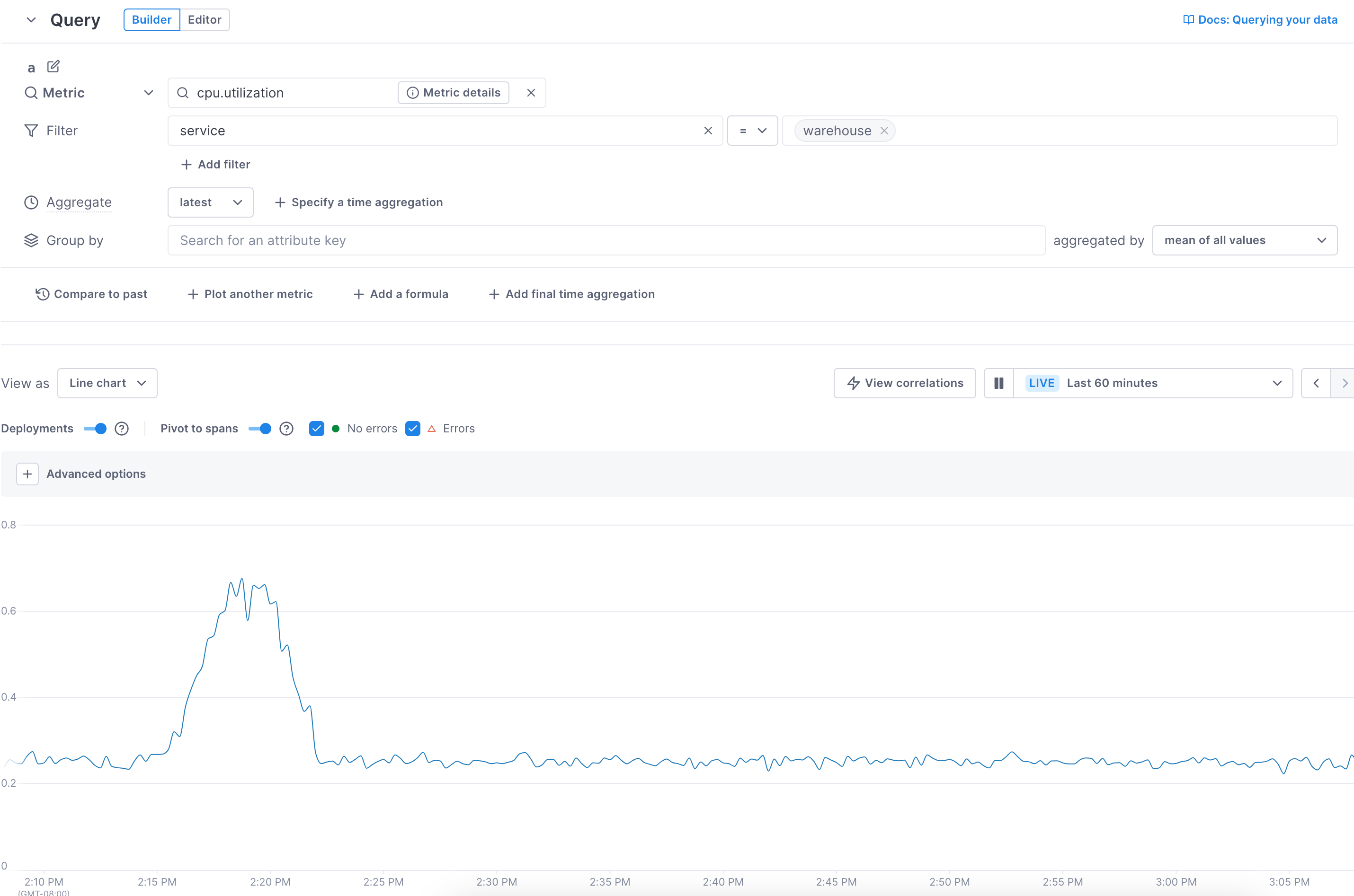 UQB queries the cpu-utilization metric without a group-by attribute. The chart shows one line of data over time.