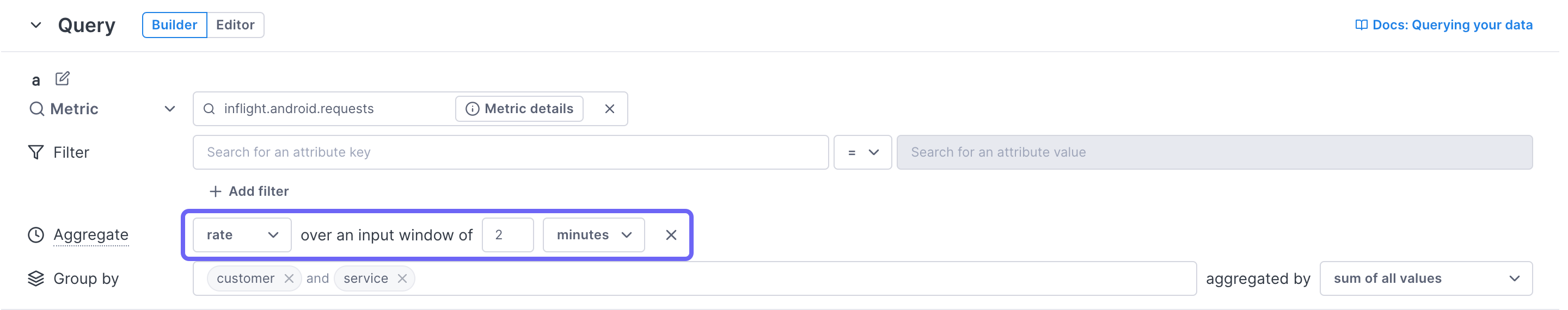 Sample configuration aggregates rate over a 2-minute input window.
