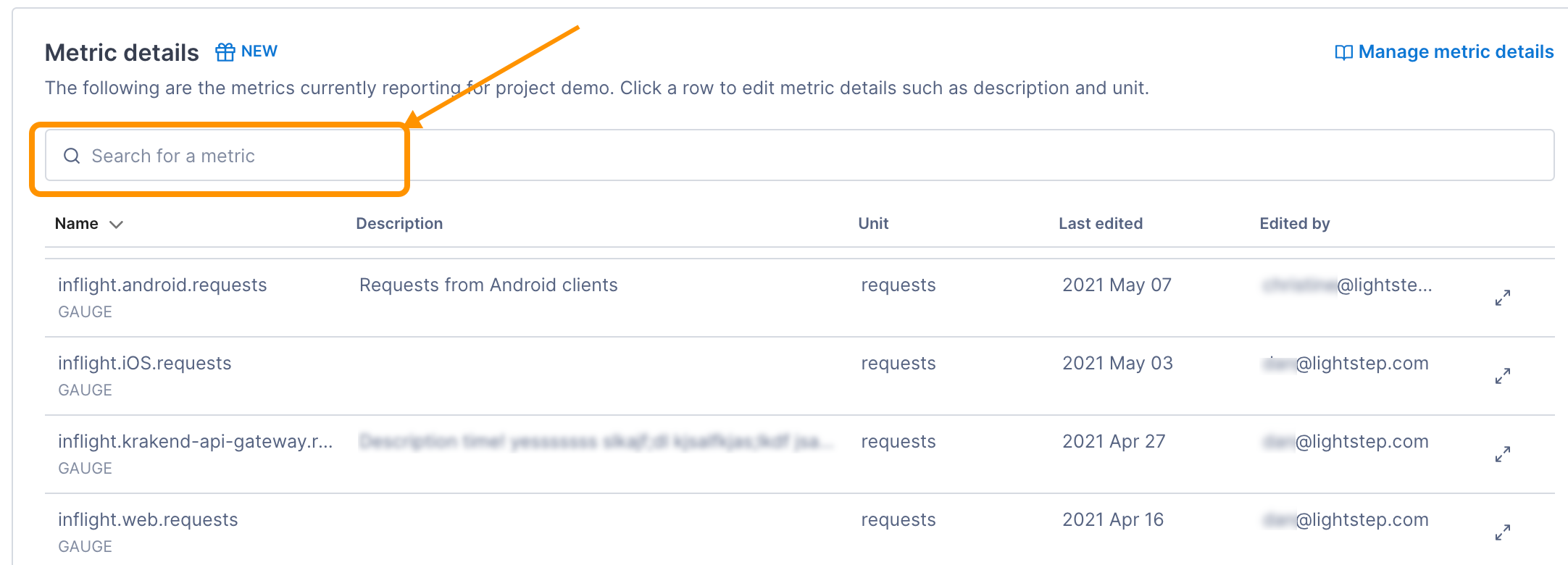 Arrow points to the metrics search box.