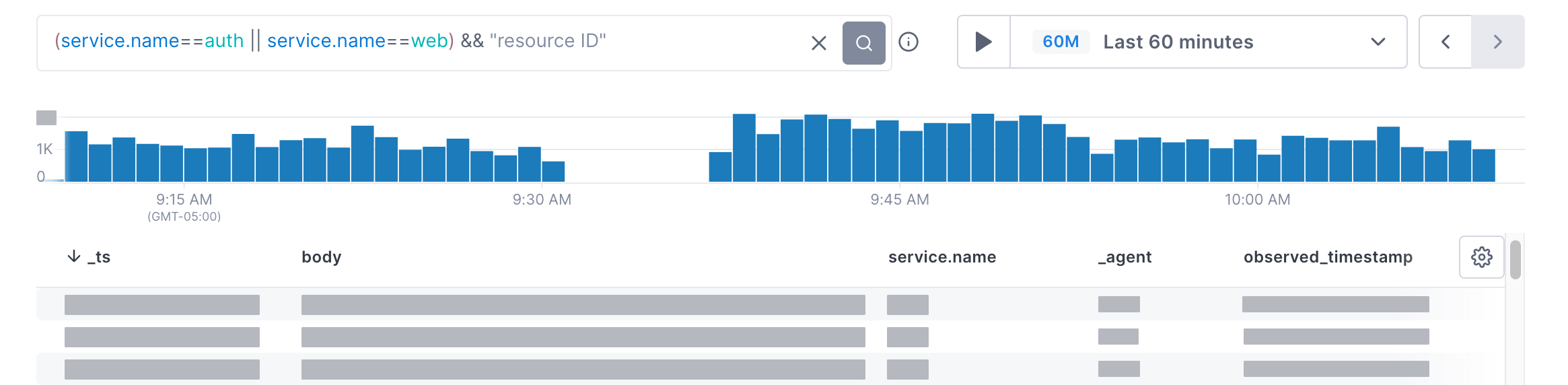 Text search and filter logs