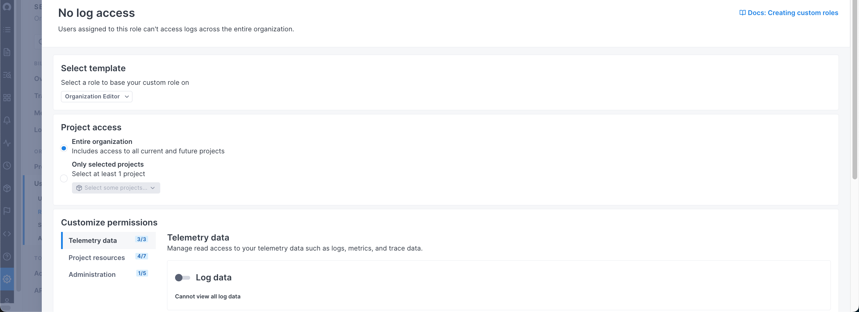 Custom role example prevents users from accessing logs across an entire organization.