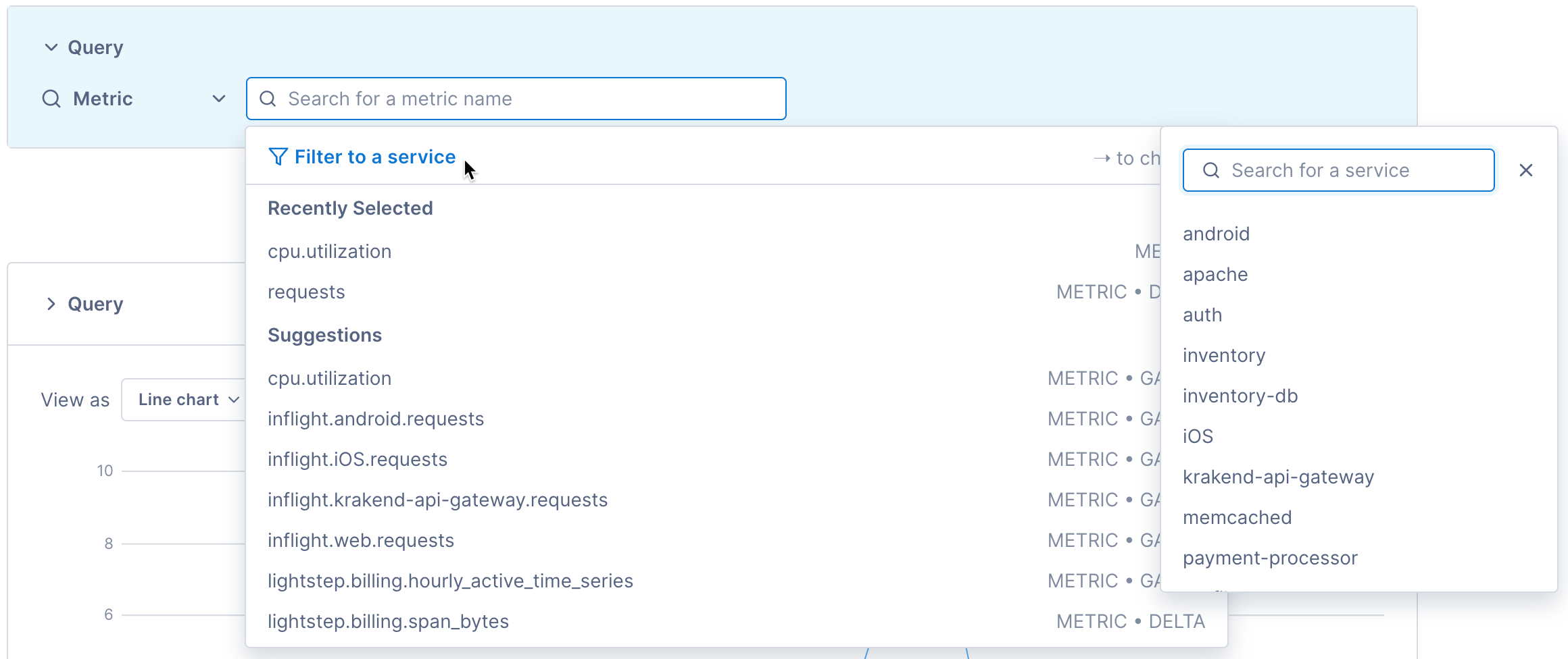 Dropdown displays a list of services, such as auth, inventory, and payment-processor.