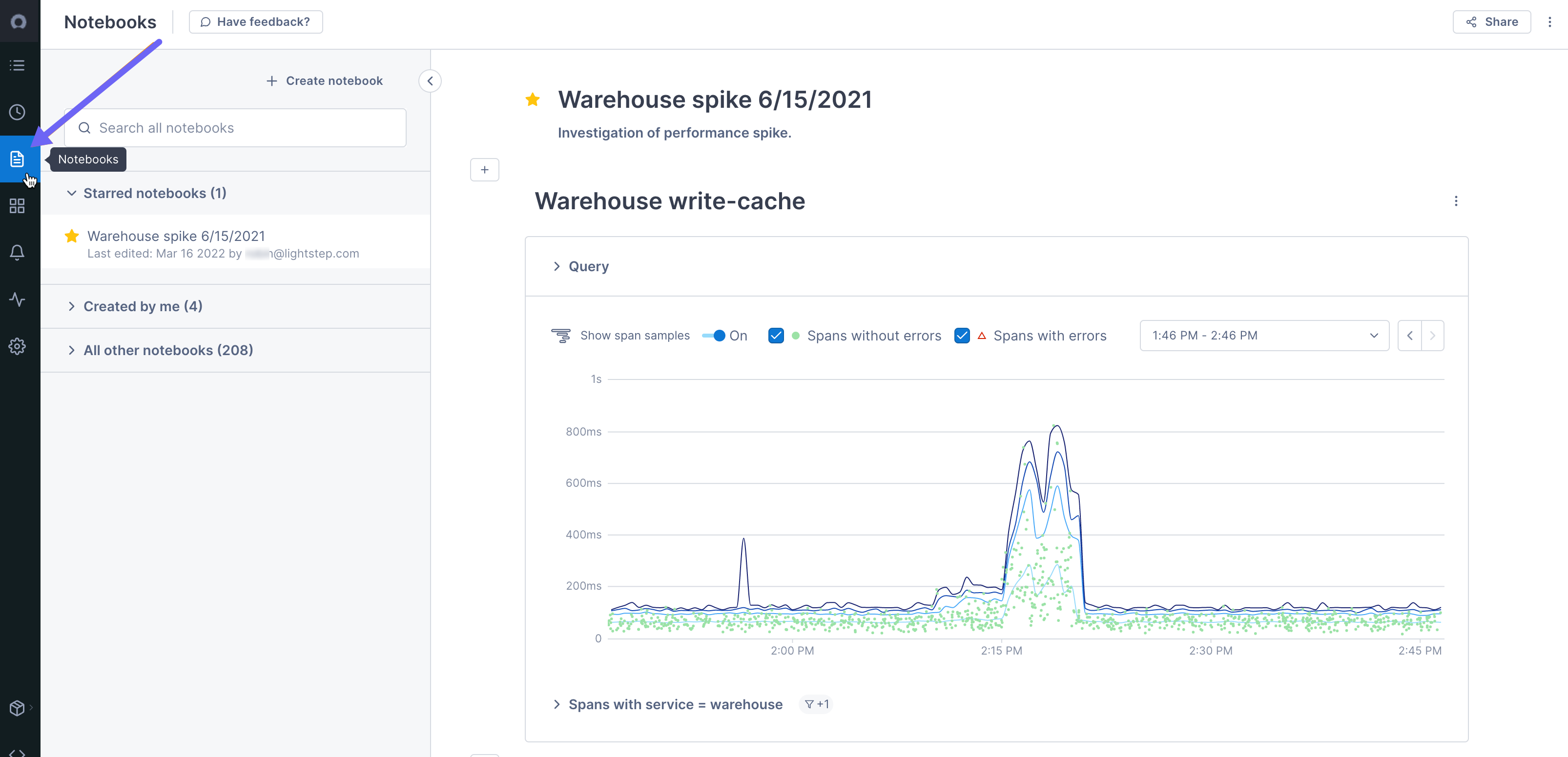 Arrow points to the notebook icon in Cloud Observability.