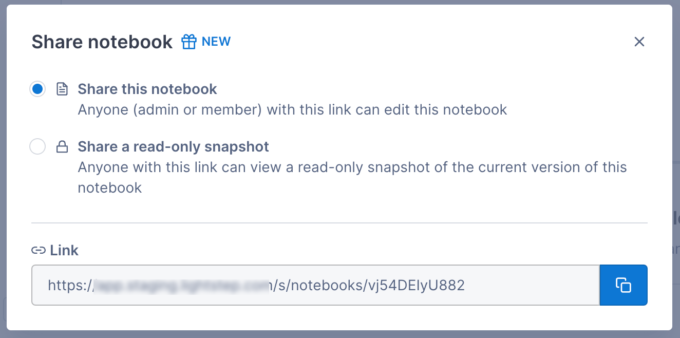 Dialog displays the **Share this notebook** option and the shareable link.
