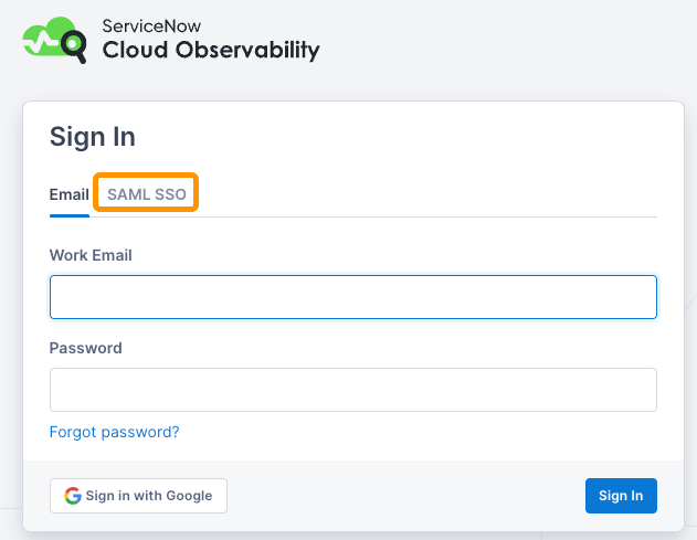 Cloud Observability sign in from SAML tab